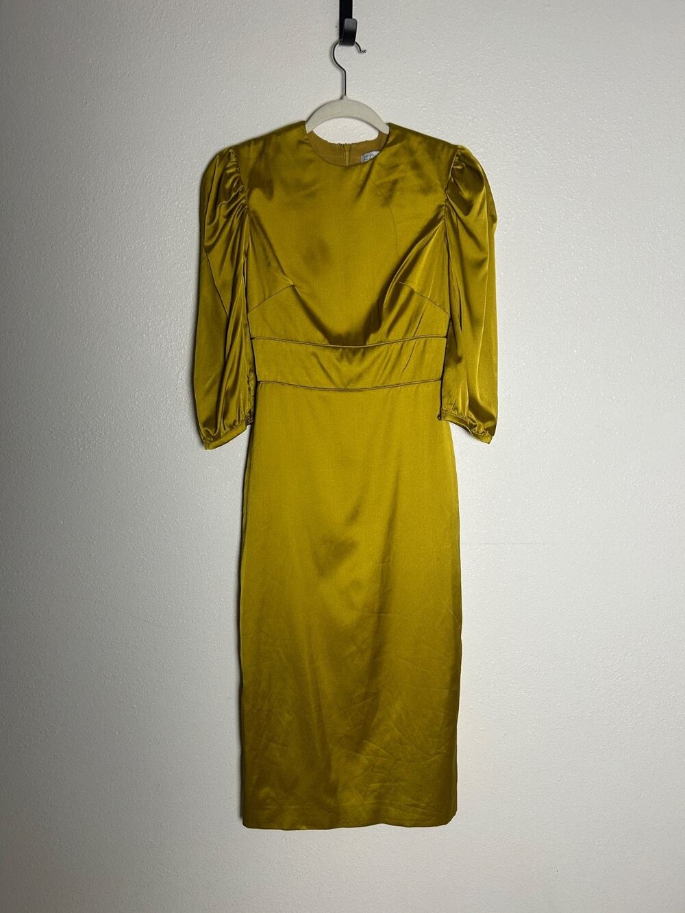 MAC DUGGAL Marigold Satin High Neck Puff Sleeve Midi Dress, Size 0